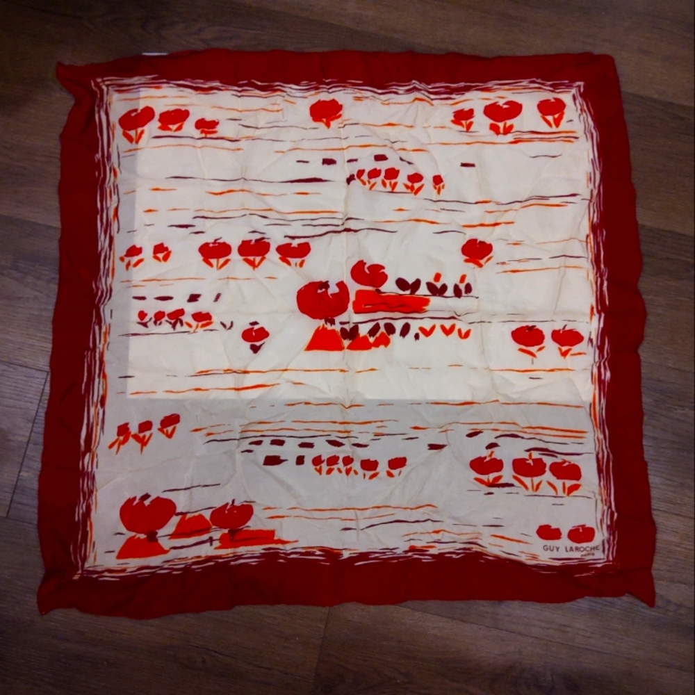 Guy Laroche Paris Red and Cream Silk Scarf
